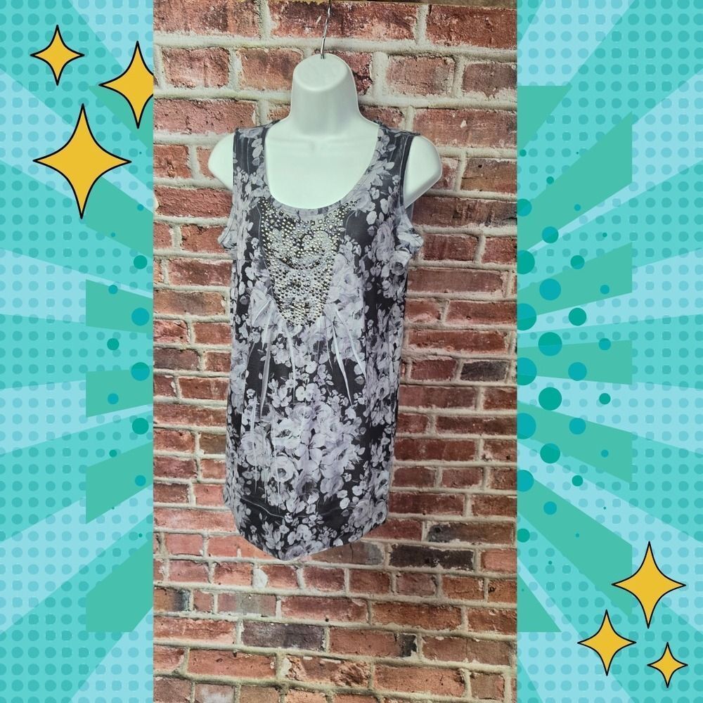 Women's B.L.E.U. Sleeveless Round Neck Studded‎ Floral Top Small